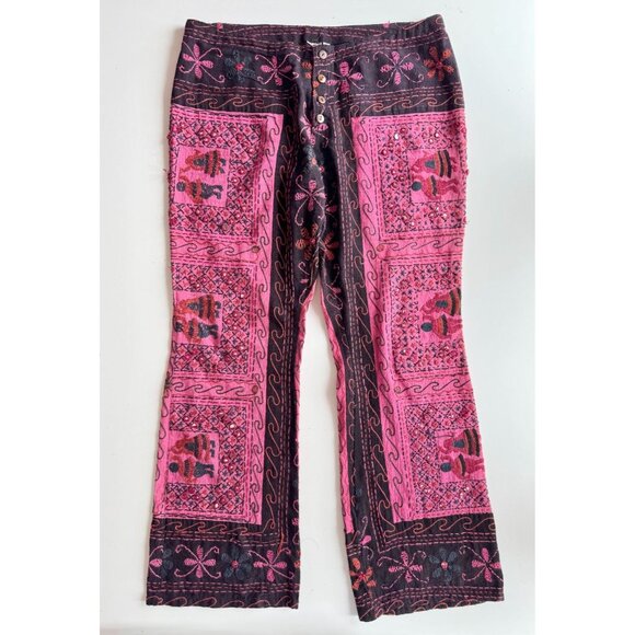 Vintage Made in India Pink Embellished Embroidered Cotton Bootcut Pants, Size L - Picture 3 of 16
